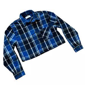 Aritzia TNA Cropped Flannel Button Up Shirt Long Sleeve Blue Plaid